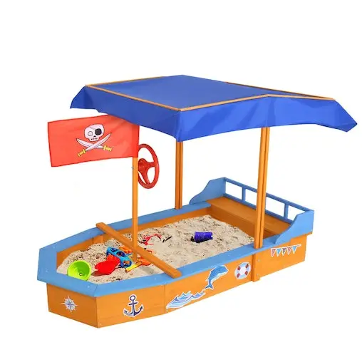Kids Boat Sandpit Wooden Outdoor Play Sand Pit Toys Box Canopy Children Keezi