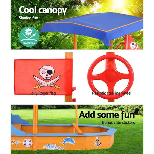 Kids Boat Sandpit Wooden Outdoor Play Sand Pit Toys Box Canopy Children Keezi - Image 6
