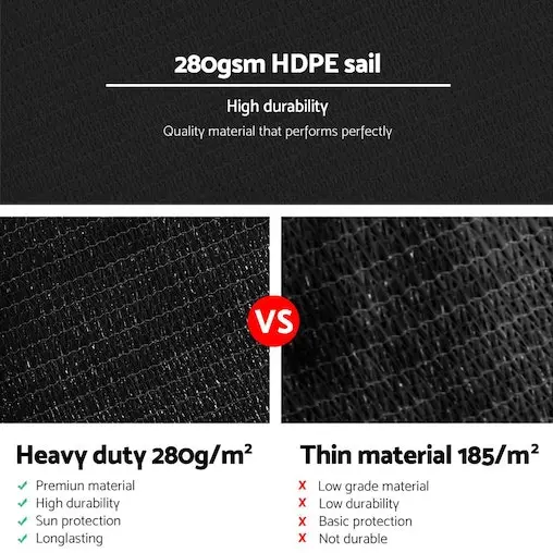 Instahut Sun Shade Sail Cloth Shadecloth Outdoor Canopy Rectangle 280gsm 6x8m Black - Image 5