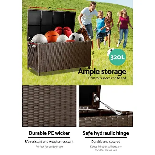 320L Garden Shed Outdoor Storage Box Bench Toy Tool Box Ottoman Wicker Brown Gardeon - Image 5