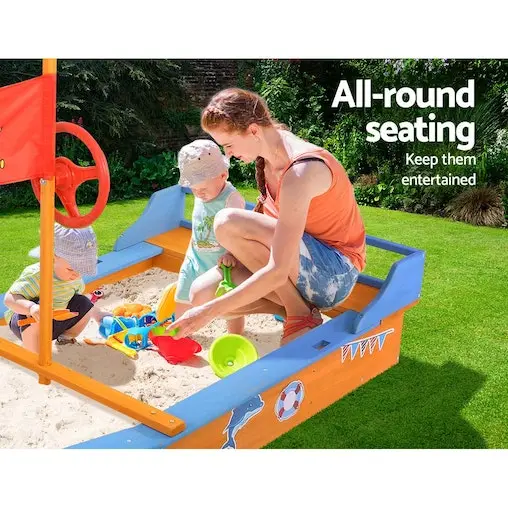 Kids Boat Sandpit Wooden Outdoor Play Sand Pit Toys Box Canopy Children Keezi - Image 5