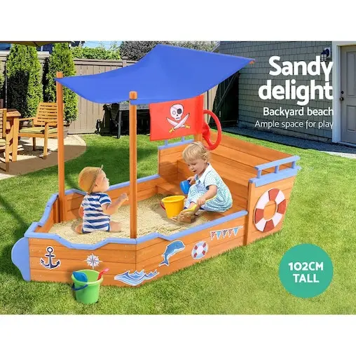 Keezi Sandpit Toy Box Kids Canopy Sand Pit Outdoor Wooden Play Set Large Seat - Image 4