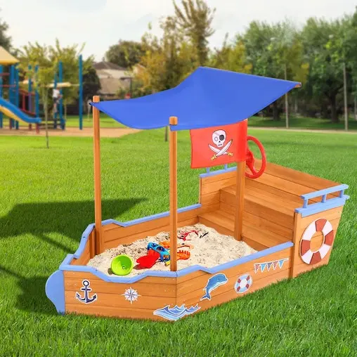 Keezi Sandpit Toy Box Kids Canopy Sand Pit Outdoor Wooden Play Set Large Seat - Image 2