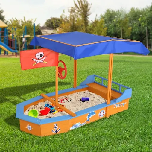 Kids Boat Sandpit Wooden Outdoor Play Sand Pit Toys Box Canopy Children Keezi - Image 2