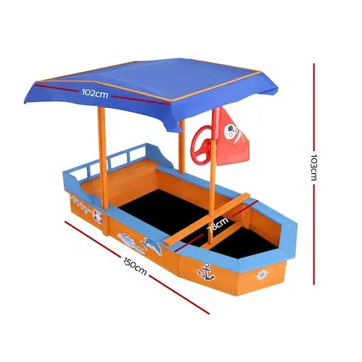 Kids Boat Sandpit Wooden Outdoor Play Sand Pit Toys Box Canopy Children Keezi - Image 3